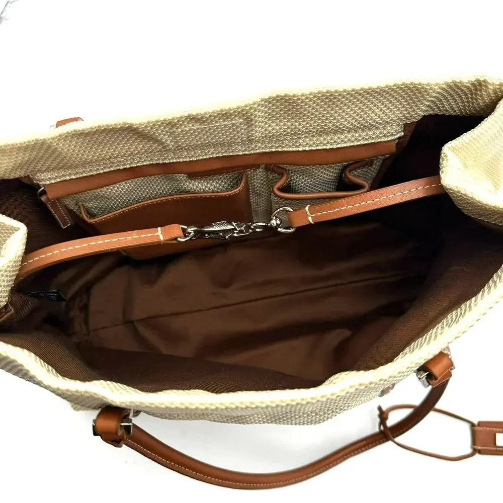 ANTONIO MELANI Tan Brown‎ Canvas Purse Handbag Shoulder Tote Faux Leather Trim
